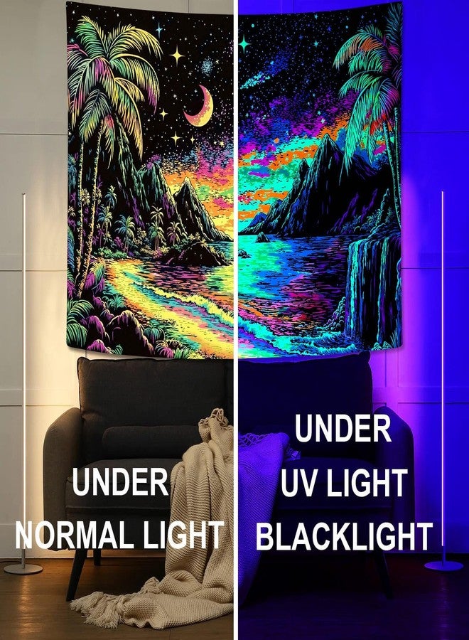 Lifeella Blacklight Landscape Tapestry, Glow in the dark UV Reactive Beach Lake Wall Decor, Aesthetic Palm Tree Art for Bedroom Living Room, 36x48 inches - Image 3